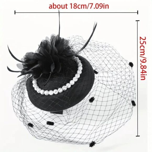 🖤 Pinup Accessory 1950s Retro Vintage Fascinator Black Pillbox Pearl Veil Hat - Picture 5 of 9